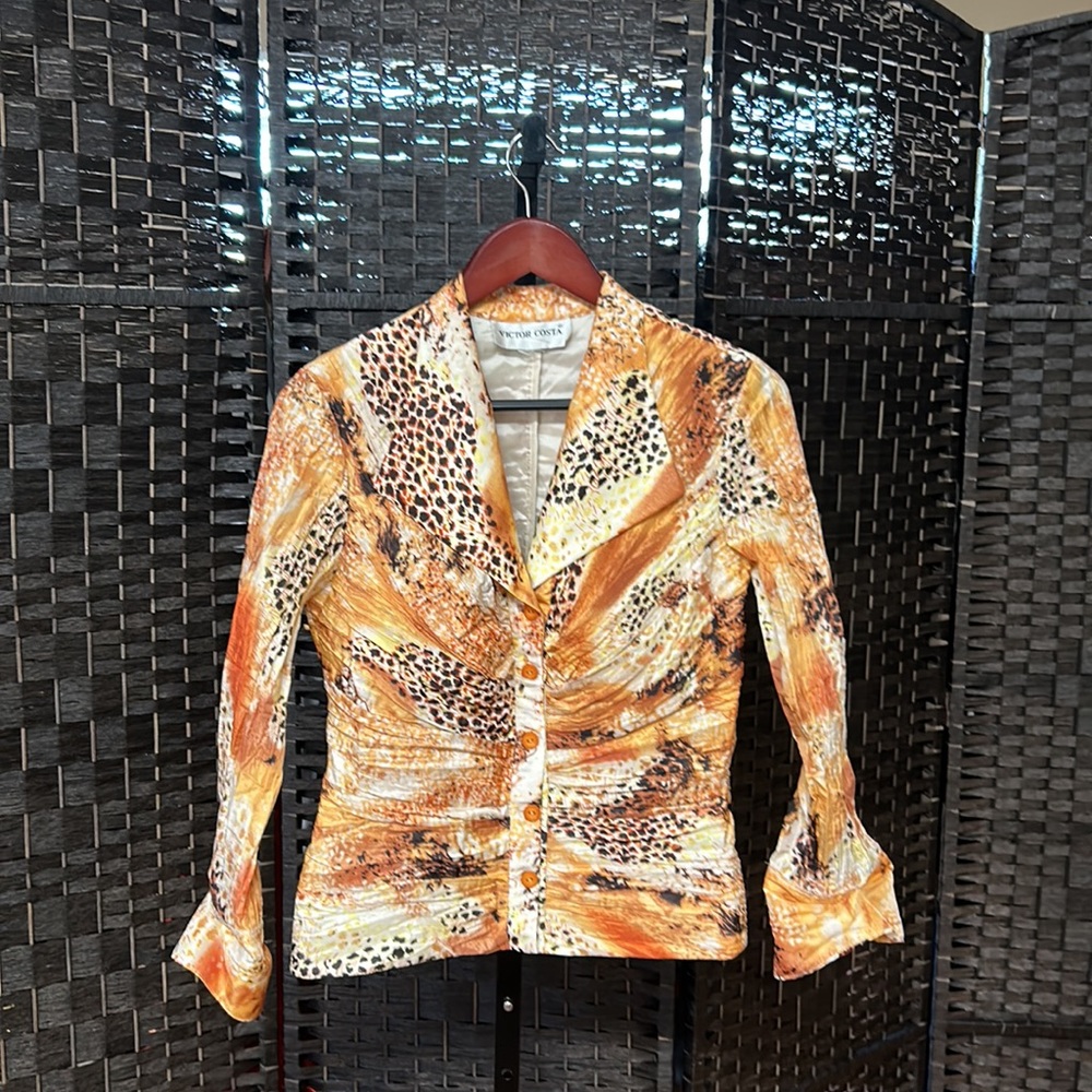Victor Costa Womens Jacket Size Small Orange Black White Animal Print Buttons Up